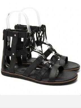 Sorel Ella Black Leather Lace-Up Gladiator Sandals